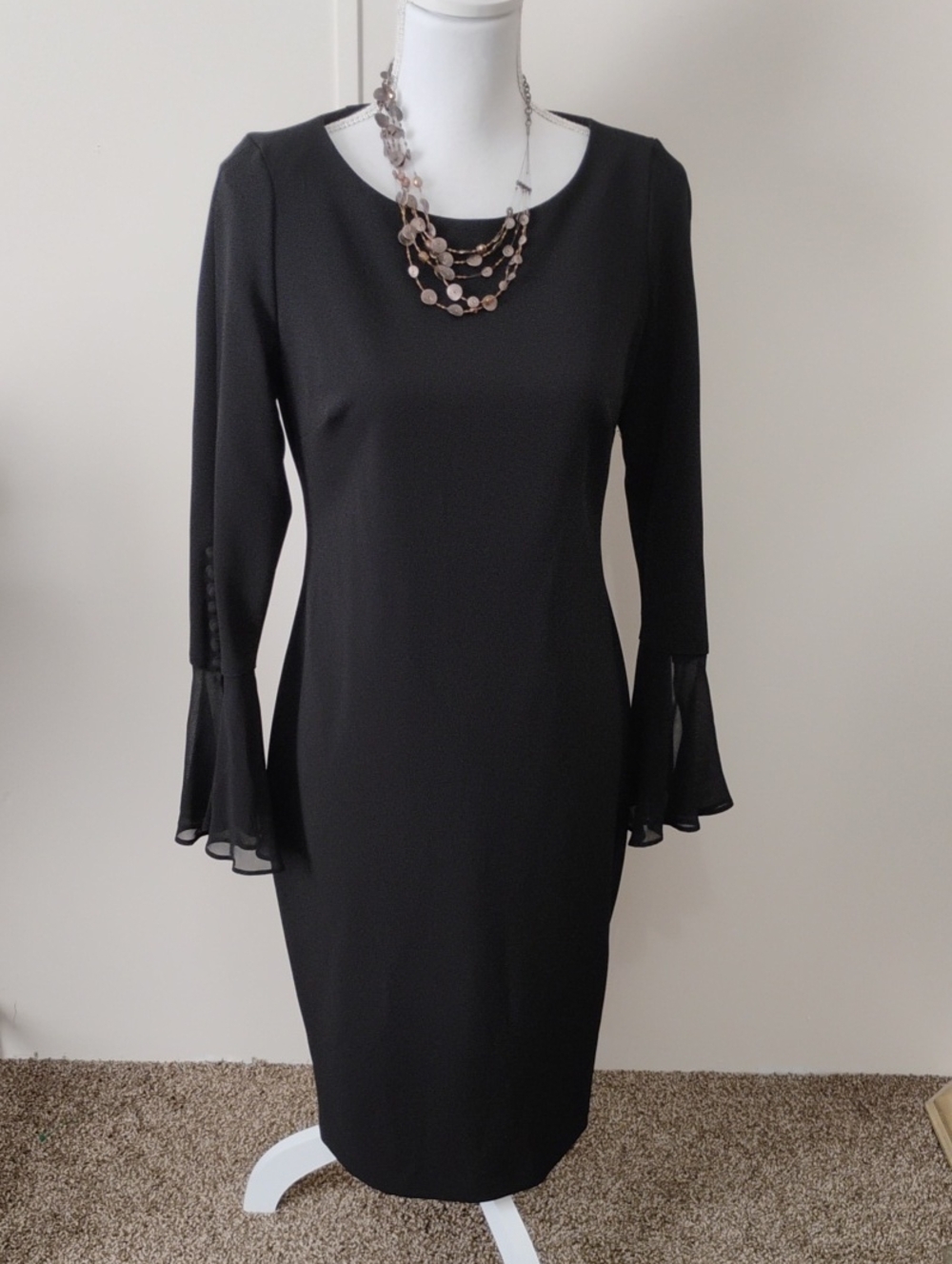 Calvin Klein Black Long-Sleeve Sheath Dress with Flared Chiffon Cuffs